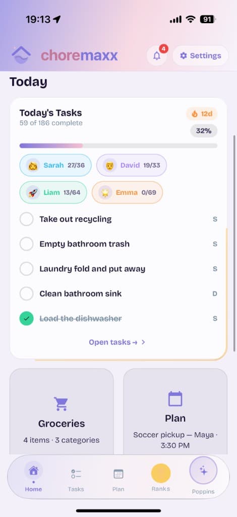 ChoreMaxx Home — Today dashboard