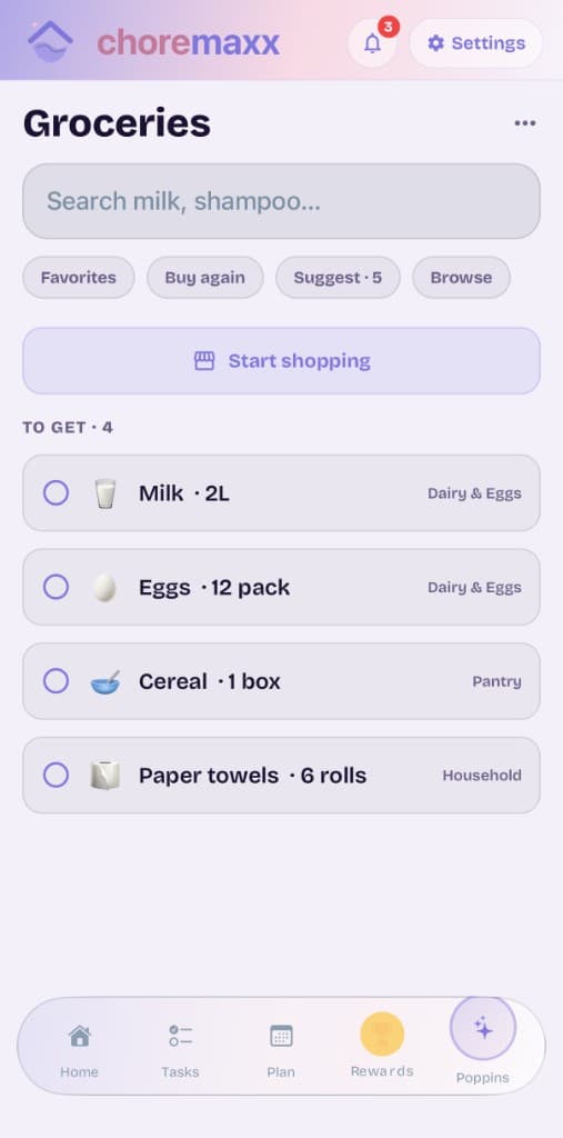 ChoreMaxx Shopping — aisle-sorted list